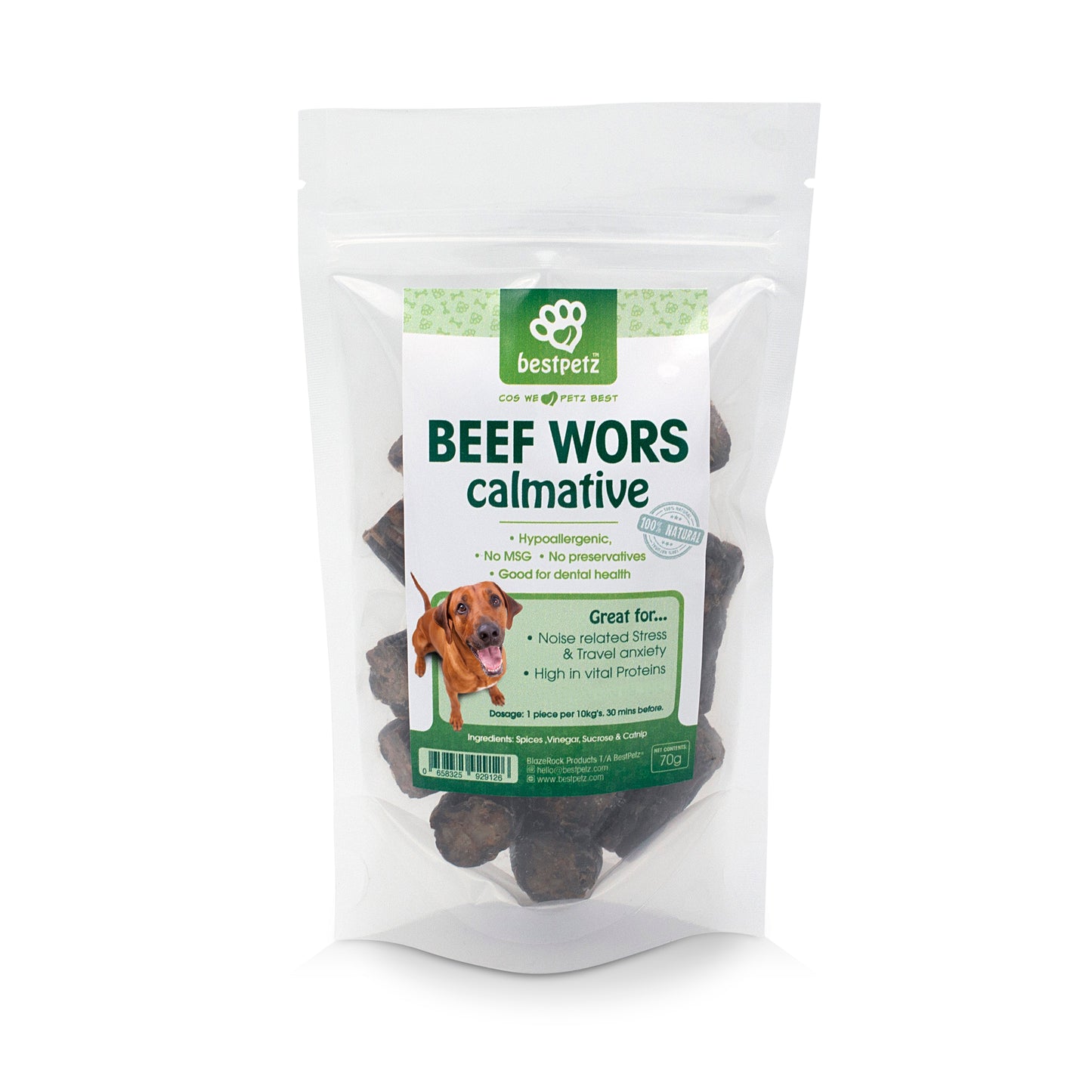 100% Beef Wors Doggie Calmative Treats 70g