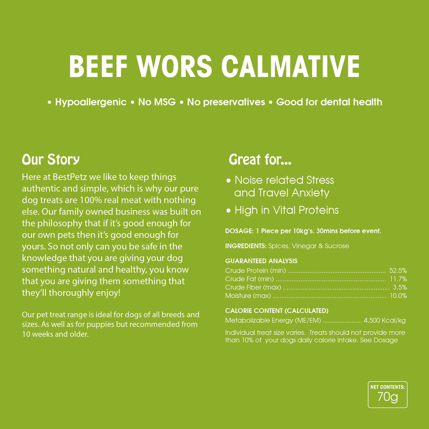 100% Beef Wors Doggie Calmative Treats 70g